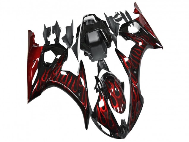 Carénage Moto Yamaha YZF R6 2003-2004 - Noir Brillant Rouge Flamme