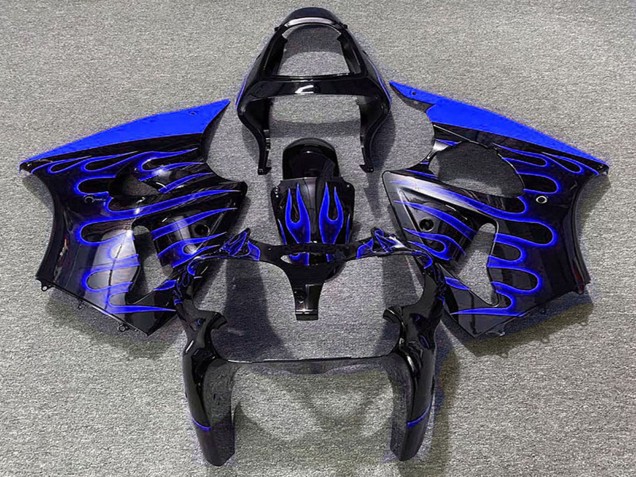 Carénages Moto Kawasaki ZX6R 2000-2002 - Noir Brillant Bleu Flamme