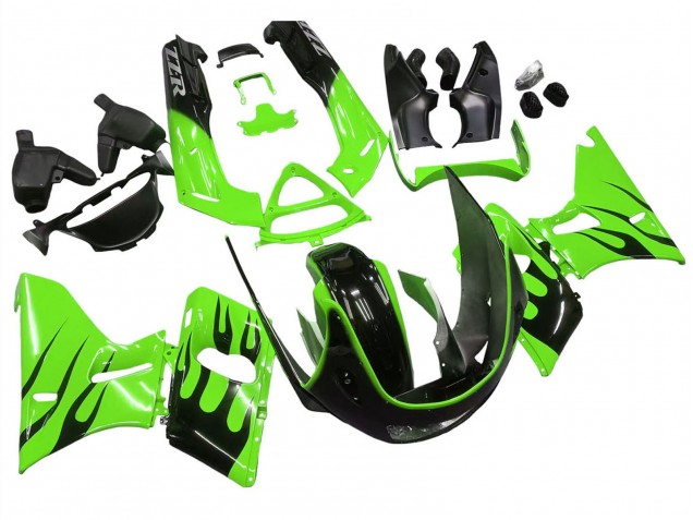 Carénages Moto Kawasaki ZZR400 1993-2007 - Vert Noir Brillant Flamme