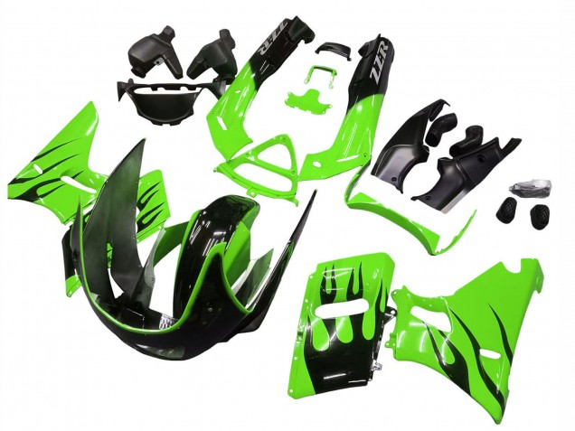 Carénages Moto Kawasaki ZZR600 1998-2003 - Vert Noir Brillant Flamme