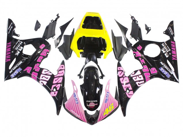 Carénages Moto Yamaha YZF R6 2003-2004 - Jaune Rose Noir Brillant Rossi Repsol 46