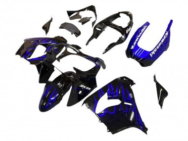 Carénages Moto Kawasaki ZX9R 2002-2003 - Noir Blanc Bleu Flamme