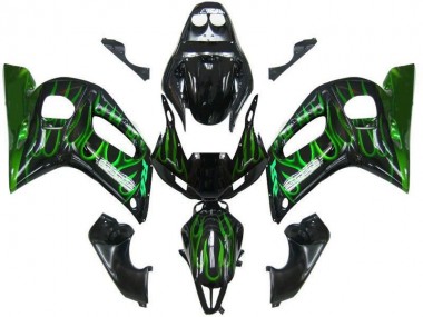 Carénages Moto Yamaha YZF 600 R6 1998-2002 - Noir Brillant Vert Flamme