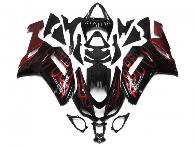 Carénages Moto Kawasaki ZX6R 2007-2008 - Noir Blanc Rouge Flamme